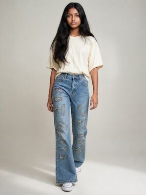 Y2K Ozoc Magic Jeans Size 16 (Junior) Embroidered Distressed Flare Bootcut Blue